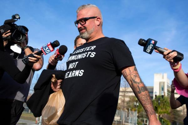 Proud Boys organizer Joseph Biggs walks from the George C. Young Federal Annex Courthouse in Orlando, Fla., Jan. 20, 2021, after a court hearing regarding his involvement in riot at the U.S. Capitol on Jan. 6, 2021. (Sam Thomas/Orla