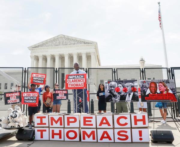 Rep. Jamaal Bowman (D-NY) speaks at a demo<em></em>nstration wher<em></em>e MoveOn.org delivered over 1 million signatures calling for Co<em></em>ngress to immediately investigate and impeach Clarence Thomas at the US Supreme Court on July 28, 2022 in Washington, DC. 