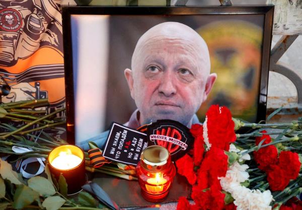 A view shows a portrait of Wagner mercenary chief Yevgeny Prigozhin at a makeshift memorial in Moscow, Russia August 24, 2023