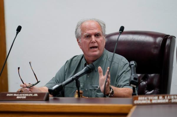 Uvalde Mayor Don McLaughlin, Jr., is pictured speaking during a special emergency city council meeting in June 2022.