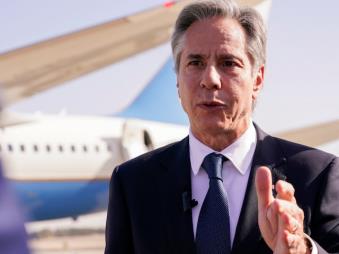 U.S. Secretary of State Antony Bl<em></em>inken speaks with members of the media at Ben Gurion Internatio<em></em>nal Airport before departing for Riyadh, Saudi Arabia, in Tel Aviv, Israel, October 23, 2024. (Reuters)